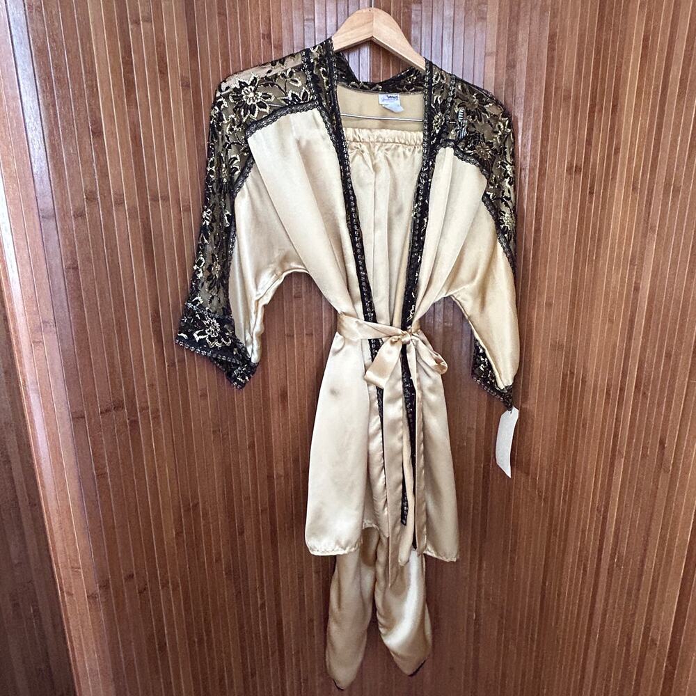 Vintage 80s Fredericks of Hollywood Gold Satin Lace Lounge Set Robe Pants M